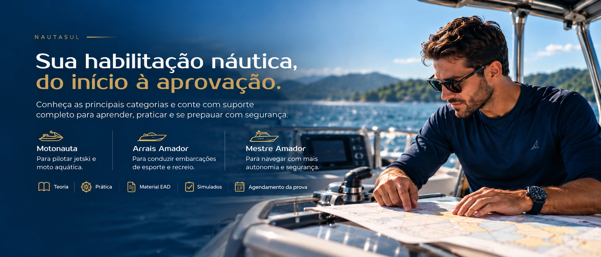 Sua habilitação náutica, do início à aprovação: Motonauta, Arrais Amador e Mestre Amador, com teoria, prática, material EAD, simulados e agendamento da prova.